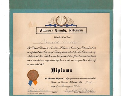 Original 1934 8th Grade Diploma, Fillmore County, Nebraska. District No. 85