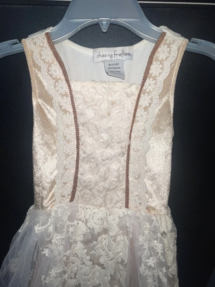 Chasing Fireflies Girls Ivory Champagne Lace Boho Layered Skirt Fairy Dress Sz 8 - Image 3 of 4