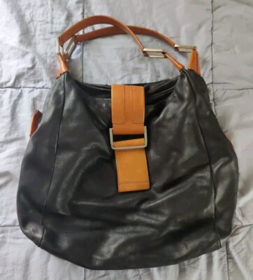 Kenneth Cole Black Pebbled Soft Leather Brown Accents Hobo Purse  Strap Large 