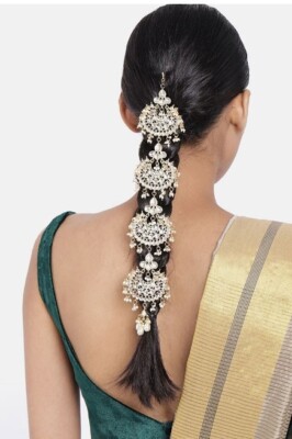 WHITE KUNDAN PEARL GOLD TONE CHOTI BRAID HAIR ACCESSORY INDIAN BRIDAL JEWELRY
