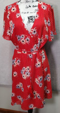 Madewell Wrap Dress Women 12 Red Floral V Neck Button Tassel Drawstring Back Zip