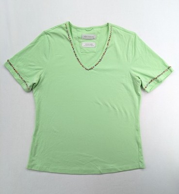Lisa Campione Damen T-Shirt Gr M Grün V-Ausschnitt Kurzarm Perlen Bestickt