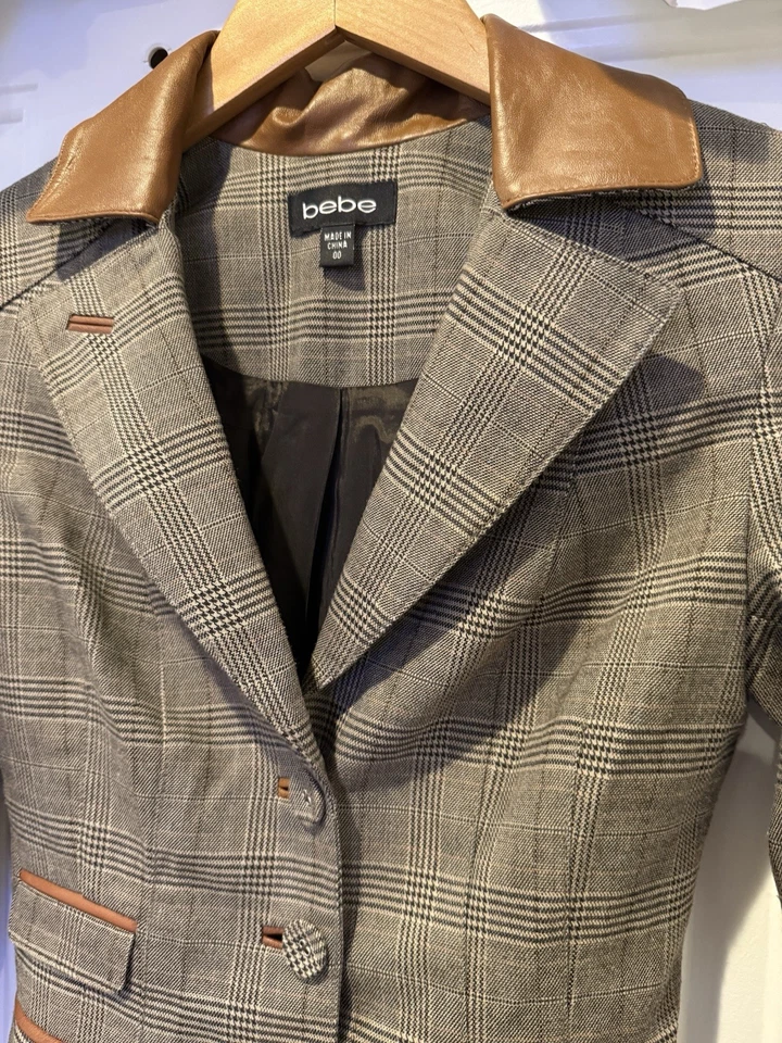 Chaqueta Blazer Bebe Pata de Gallo Borde Cuero Cuadros Vintage Y2K Talla 00 Foto 2 de 4