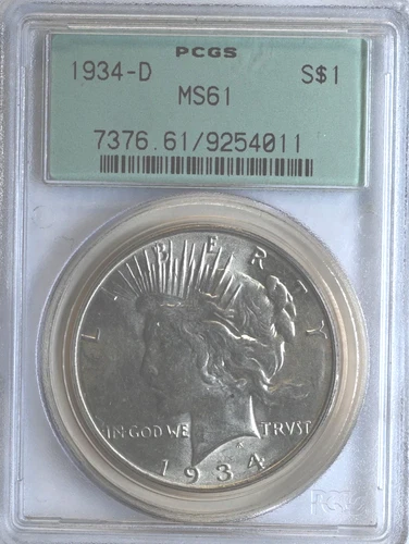 1934-D $1 Silver Peace Dollar PCGS MS 61 Graded Coin Green Label 7376