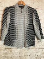 Ming Wang Santana Knit Top Womens Small Grey Swirl Striped Full Zip Front