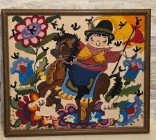 Vintage Cowgirl Riding Pony Hand Stitched Needlepoint Framed 1983