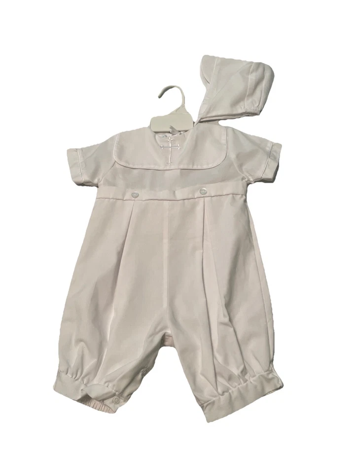 Petit Ami Baptism Romper White Christening Embroidered Romper Hat 12 Months - Image 2 of 4