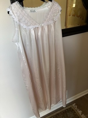 Christian Dior Slip Dress Lingerie M-L PalePink Long Eyelet Lace Trim Sleeveless