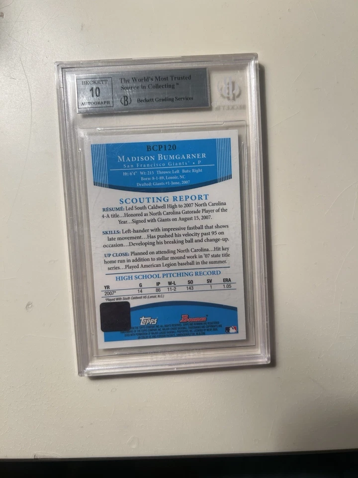 Bowman Chrome Prospects 2008 automático Madison Bumgarner #BCP120 PSA 9 gigantes como nuevo Foto 2 de 2