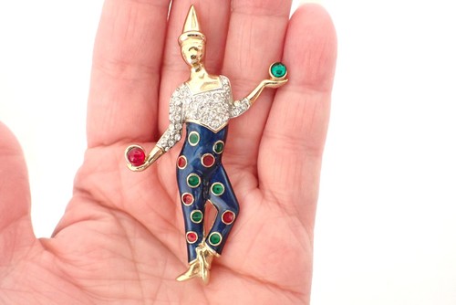 Vintage Signed Carolee Figural Juggler Harlequin Brooch Enamel & Rhinestones