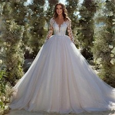 Glitter Tulle Wedding Dresses Long Sleeves V Neck Lace Applique Bridal Gowns
