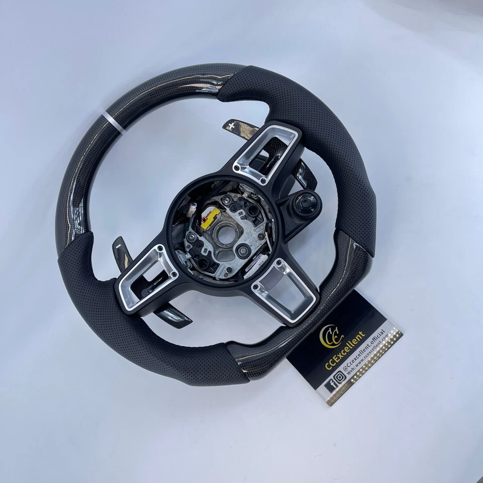 Volante de fibra de carbono real para Porsche 911 718 Boxster Cayenne Macan 2016+ Foto 3 de 4