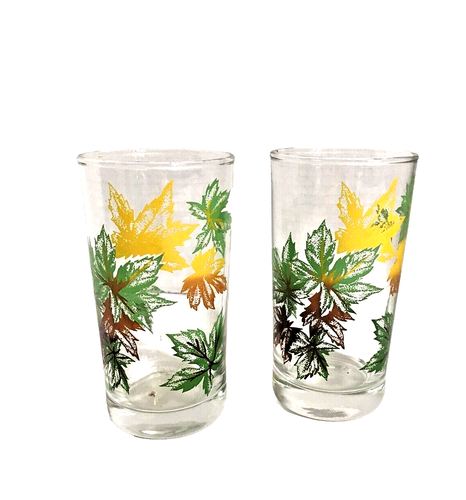 MCM Vintage Salem Juice Glasses Green Maple Leaf Drinking Glasses Set of 2 8 oz