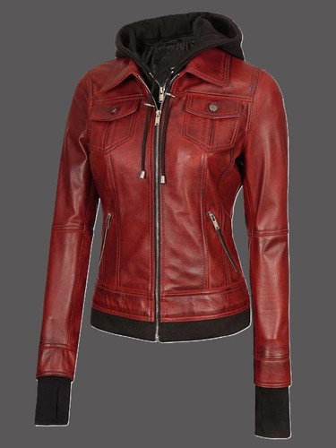 Damen weinrote Leder Bomberjacke mit Kapuze - Lederjacke mit Kapuze für Damen
