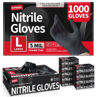 Disposable Nitrile Exam Gloves, 5 Mil Black, Powder-Free Heavy Duty Clean Glove