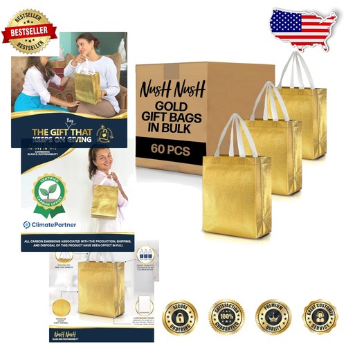 Eco-Friendly 60-Pack Gold Gift Bags with Reinforced Bottom - Perfect for Events