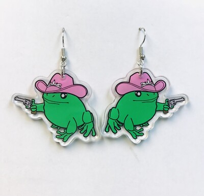 Cowboy Frog Earrings, Acrylic Earrings, Frog Earrings, cottagecore frog .