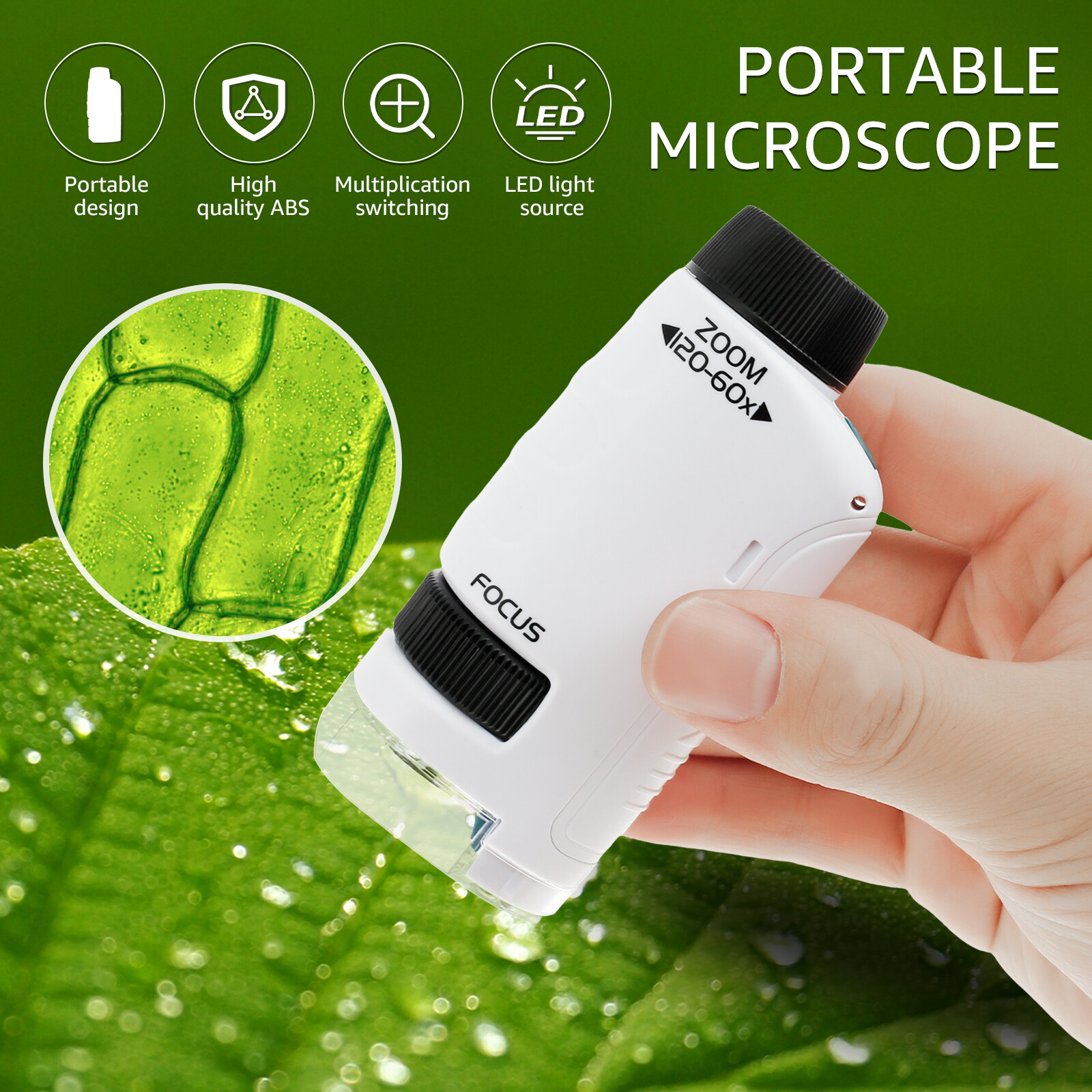 60-120x Pocket Microscope Kids Science Experiment LED Portable Handheld Toy ⛷/