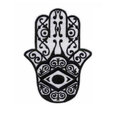 HAMSA HAND OF FATIMA IRON ON PATCH Black White Embroidered Applique Evil Eye