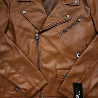 Guess Mens XL FAUX Leather Motorcycle Biker Jacket Brown Caramel