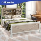 Queen Size Metal Bed Frame with Rustic Storage Headboard Cabinet & Power Outlets