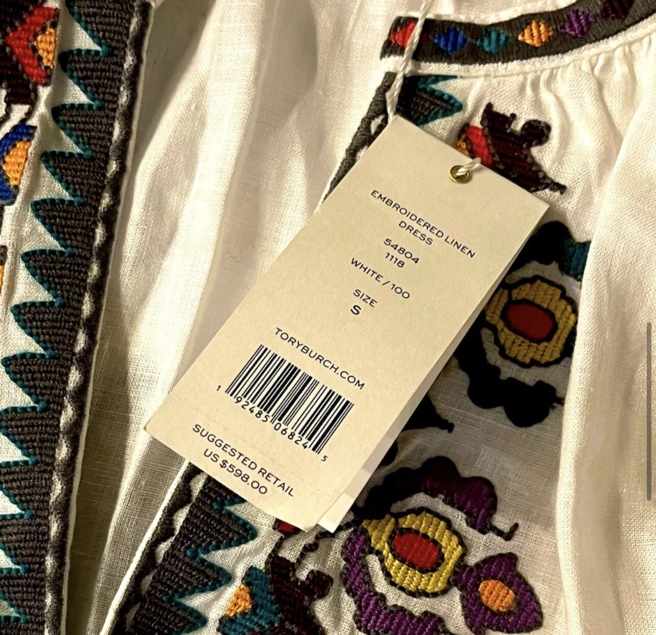 Abito in lino ricamato Tory Burch. Nuovo con etichetta. Taglia S. Vendita al dettaglio $600