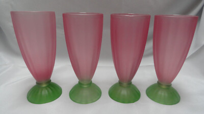 Set of 4 Vtg Libbey Frosted Milkshake Parfait Sundae Glasses Footed Watermelon