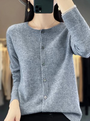 Wool Cardigan Sweater Women O-Neck Long-sleeve Knitwear Female Clothing
