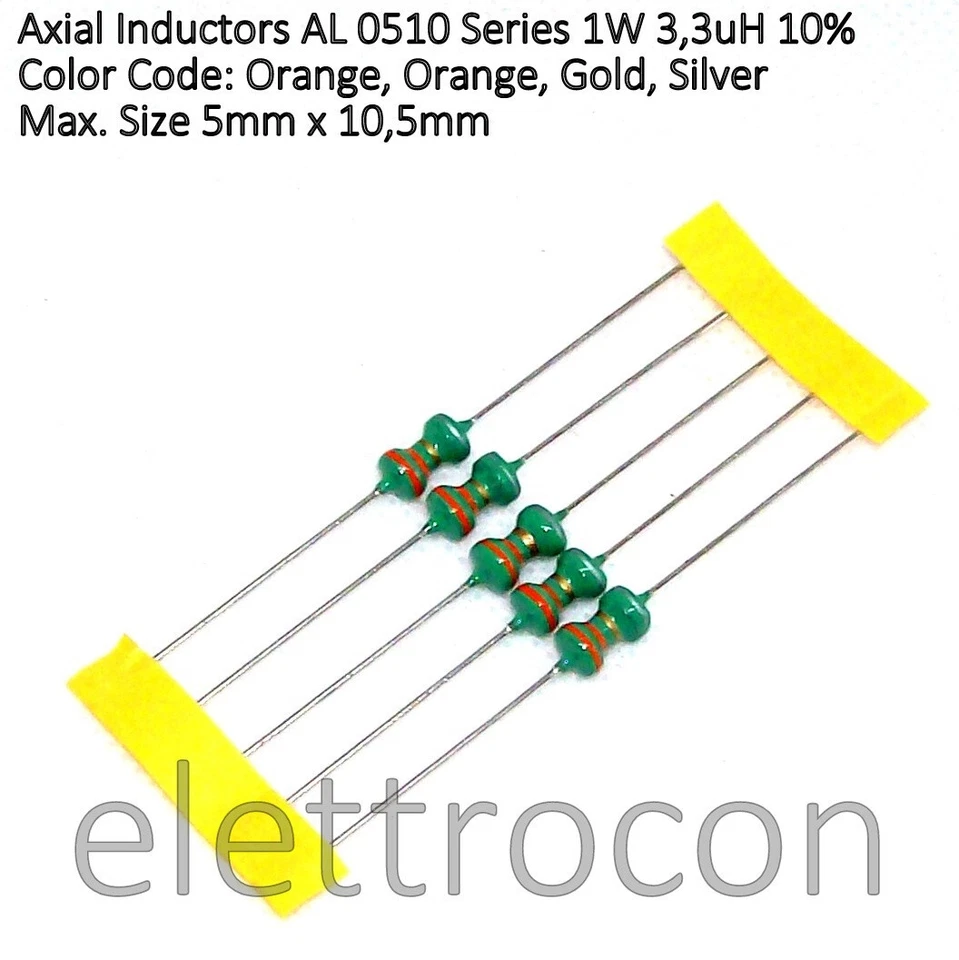 5 pezzi Induttanza assiale 3,3uH 1W Serie AL0510 dimensioni max. 5 x 10,5mm - Bild 1 von 1