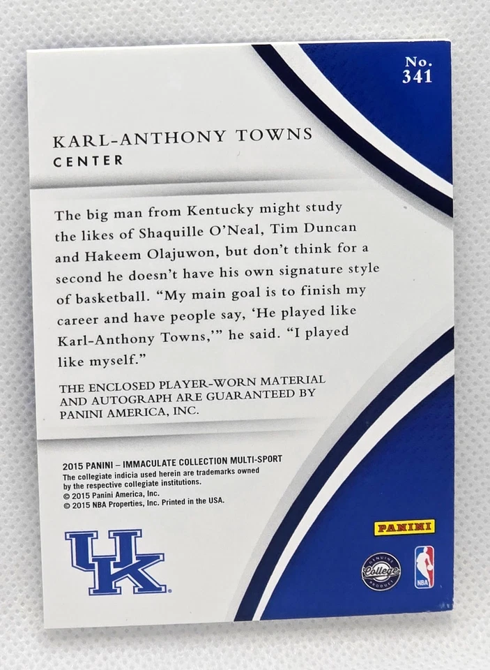 Karl-Anthony Towns 2015 Panini Immaculate Rookie RC Kentucky Patch Auto #84/99 - Image 3 of 4