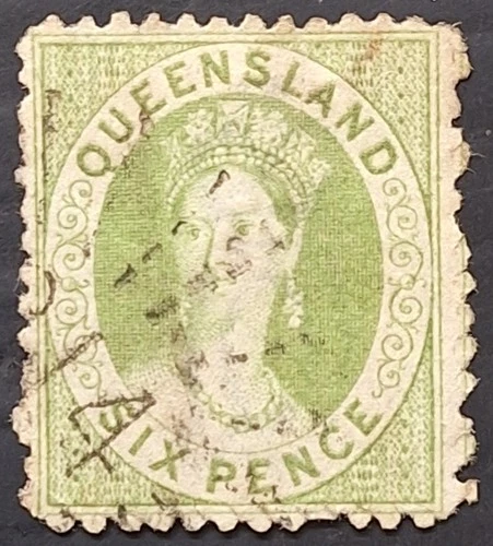 1875 Queensland Australia 6d Pl Apple Green Chalon Head Stamp P13 WMK Crn/Q used