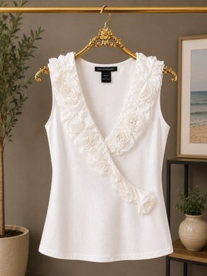 Boston Proper White Rosette Ruffle Sleeveless Top Mercerized Cotton XS