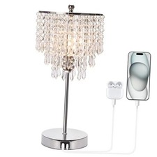 Touch Control Crystal Table Lamp with USB C A Charging Ports, 3-Way Silver