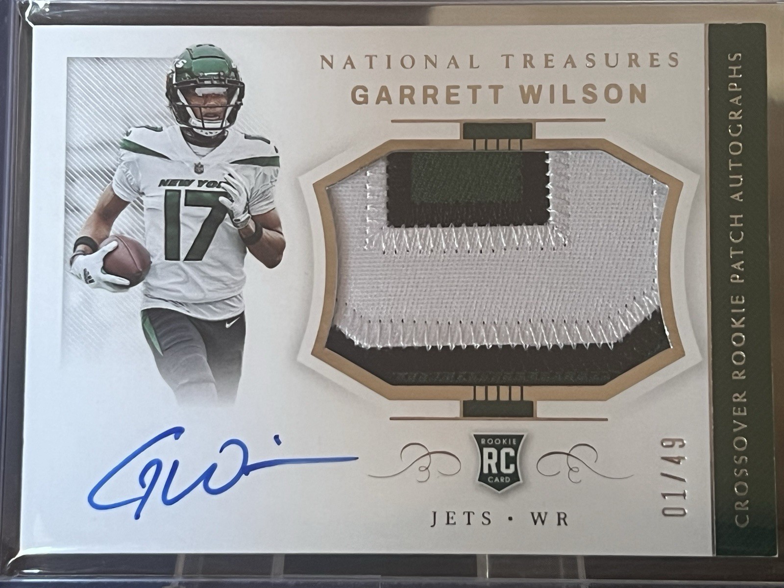 2022 National Treasures Garrett Wilson Rookie Patch Auto Crossover 1/49 NY Jets