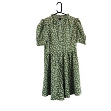 shein womens dress green & white floral print button up short sleeve size medium