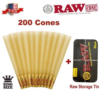 Authentic RAW Black King Size Pre-Rolled Cones 200 Pack   RAW Storage Tin