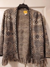 Ruby Rd. Womens Sweater, Fringe Hem, Black/Brown/White, Med