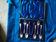VINTAGE Boxed Set EPNS 6 Tea Spoons with Sugar Tongs  -rose design- stamped CTB