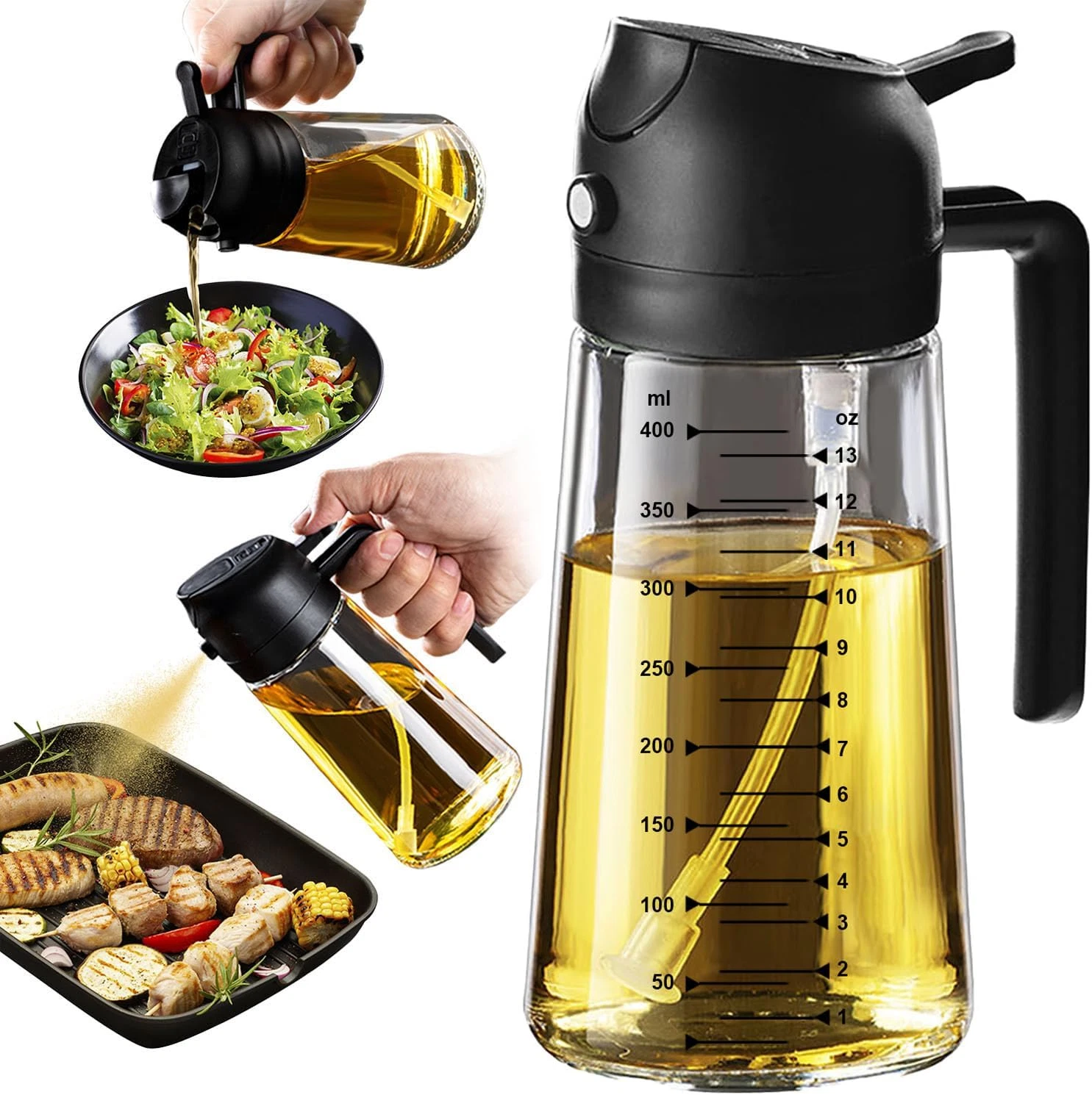 Trendplain 16Oz/470Ml Glass Olive Oil Sprayer for Cooking – 2 in 1 Olive Oil Dis