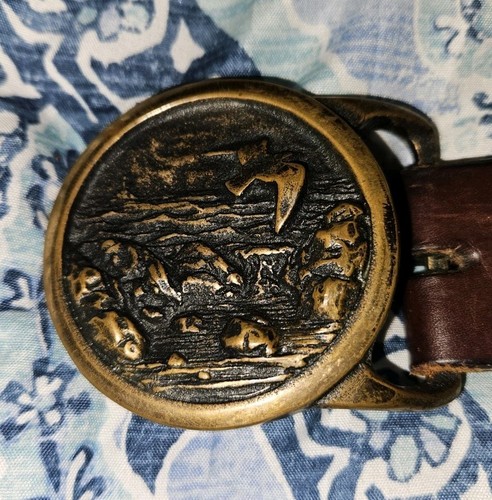 Vintage 1975 Tech Ether Guild Seascape Solid Brass Belt Buckle 1970s Hippie