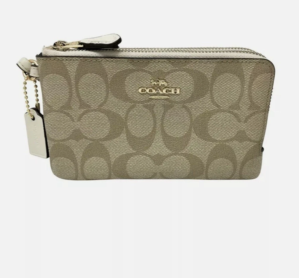 New Coach F87591 Double corner zip wristlet Light Khaki Chalk