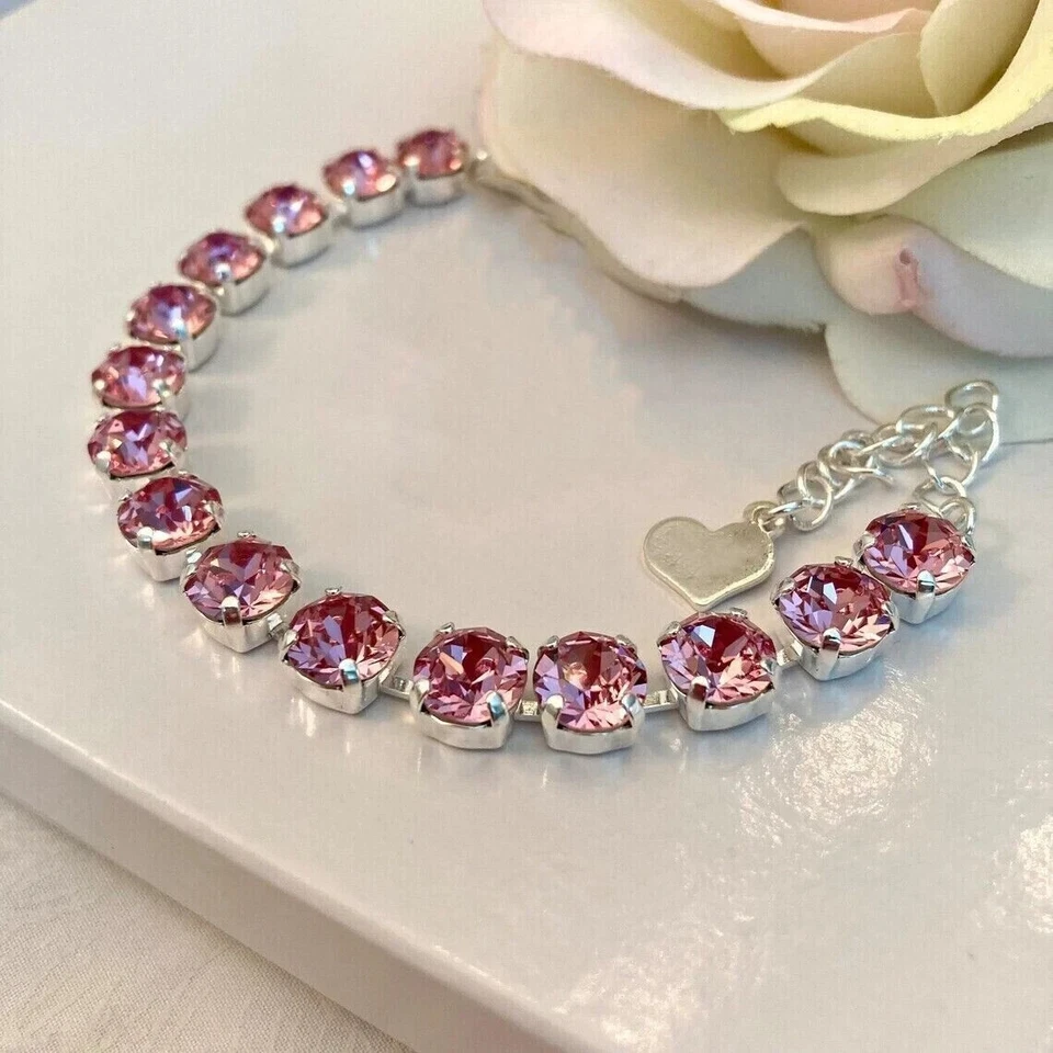 Brazalete Tenis 10.0 Ct Corte Redondo Simulado Rubí Rosa Chapado en Oro Blanco 14K Foto 3 de 4