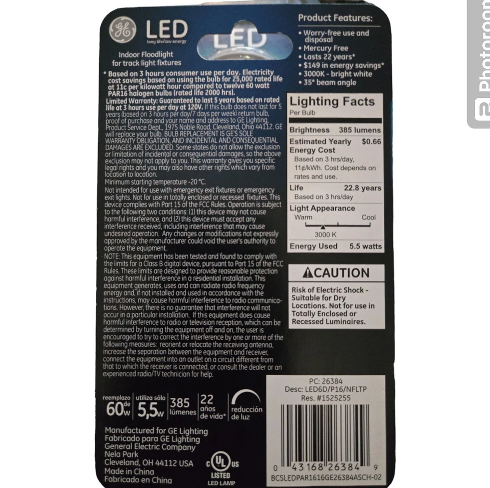 Set Of 2 GE 60Watt LED PAR16 Warm White Dimmable indoor Floodlight Bulb 5.5watt. - Image 2 of 2