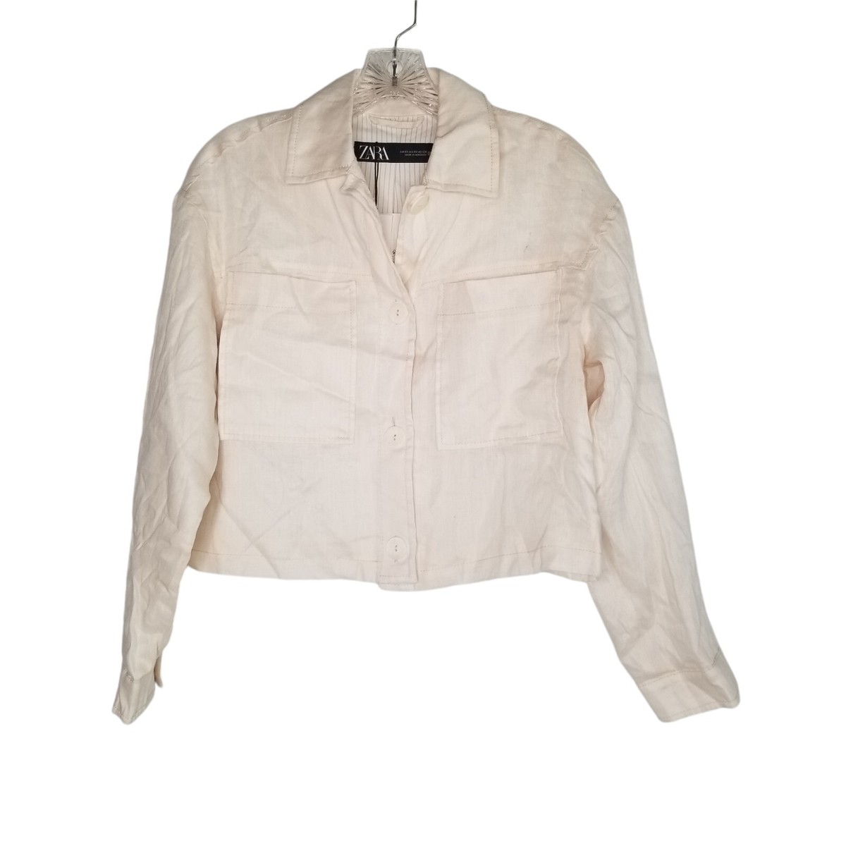 ZARA Women's Beige 100% Linen Long Sleeve Buttons Up Cropped