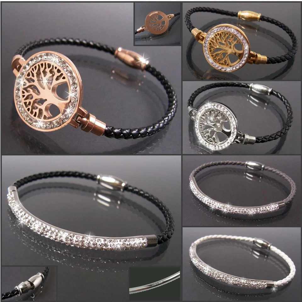Armband Leder Edelstahl silber Strass Damen Schmuck Lederarmband Lebensbaum VA38 - Bild 2 von 3