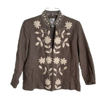 Chicos 0 Beige Linen Embroidered 3/4 Sleeve Open Front Jacket Size Small