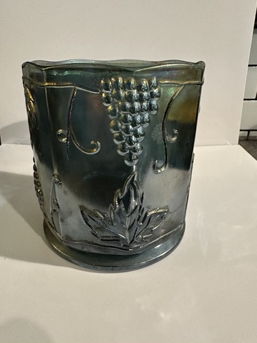 Vintage Iridescent Blue Carnival Glass Jar Planter Harvest Grape Flower Pot Vase