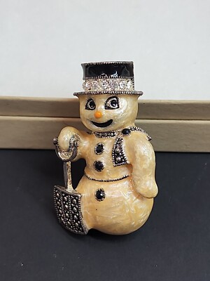 Vintage Eisenberg Ice Figural Snowman Cream Enamel Rhinestones Brooch Pin Signed