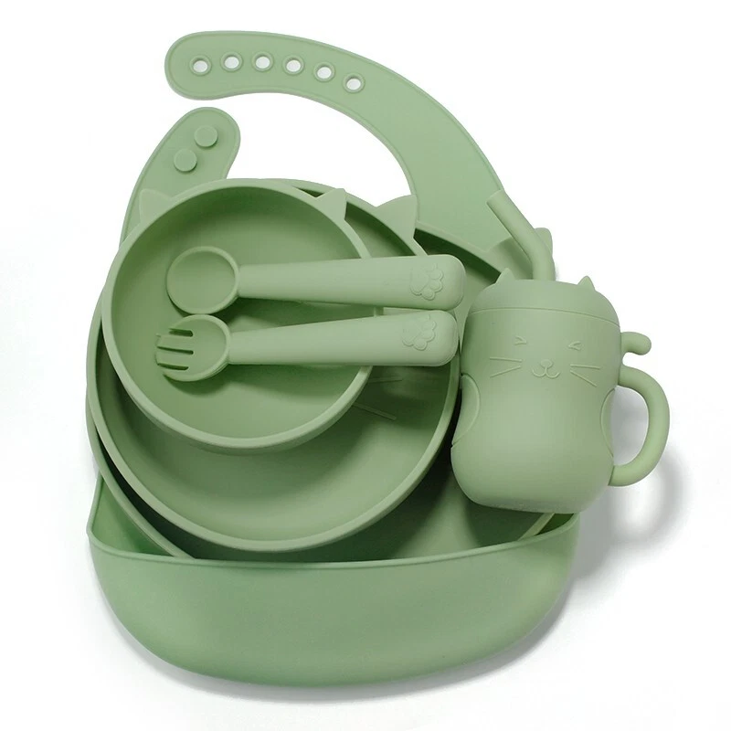 Silikon Geschirr Set  BPAfrei Teller Tasse Löffel Gabel Lätzchen Rutschfest Baby - Bild 1 von 4