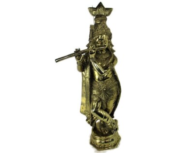 Large Statue  Buddha Playing Flute Ornate Etched Brass  Temple  35.43'' Heav